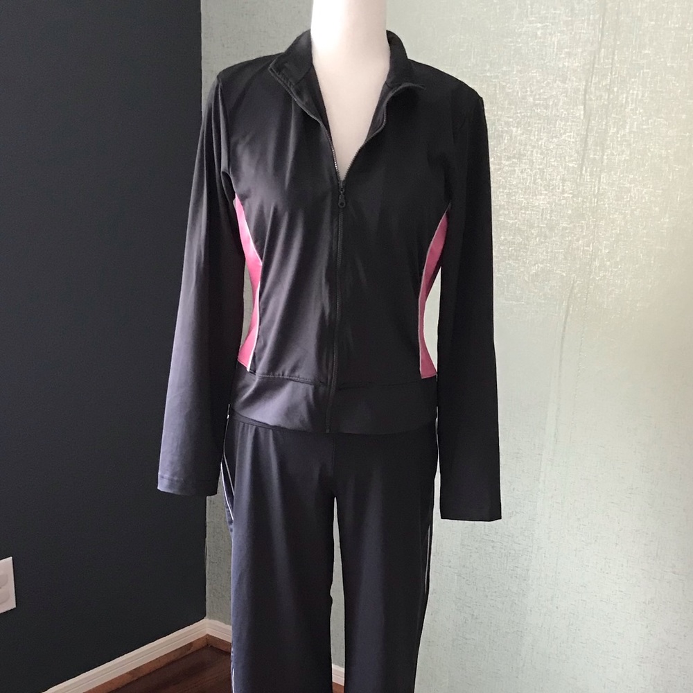 Grey and pink track suit